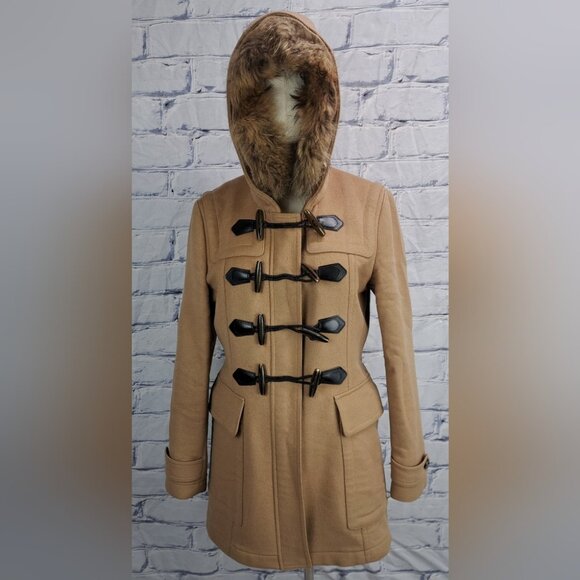 Burberry Jackets & Blazers - Burberry Womens Duffle Toggle Fur Hood Jacket Winter Camel Wool Nova Check 12 US